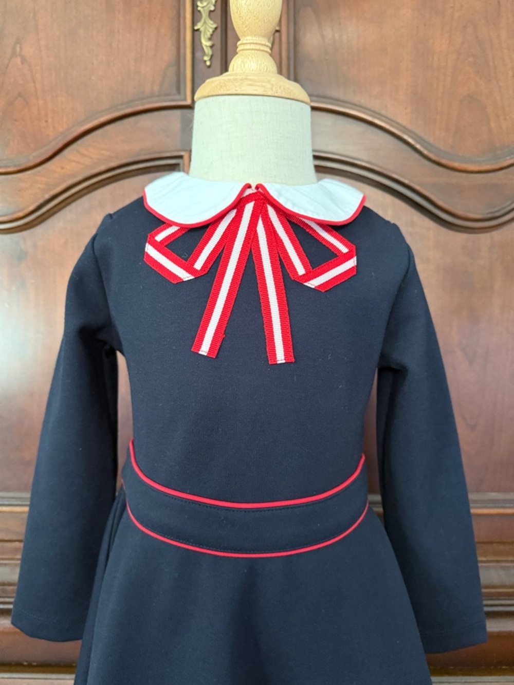 Jacadi Paris Girls Navy Peter Pan Collar Dress 3T Red Bow Holiday Preppy - Picture 3 of 6